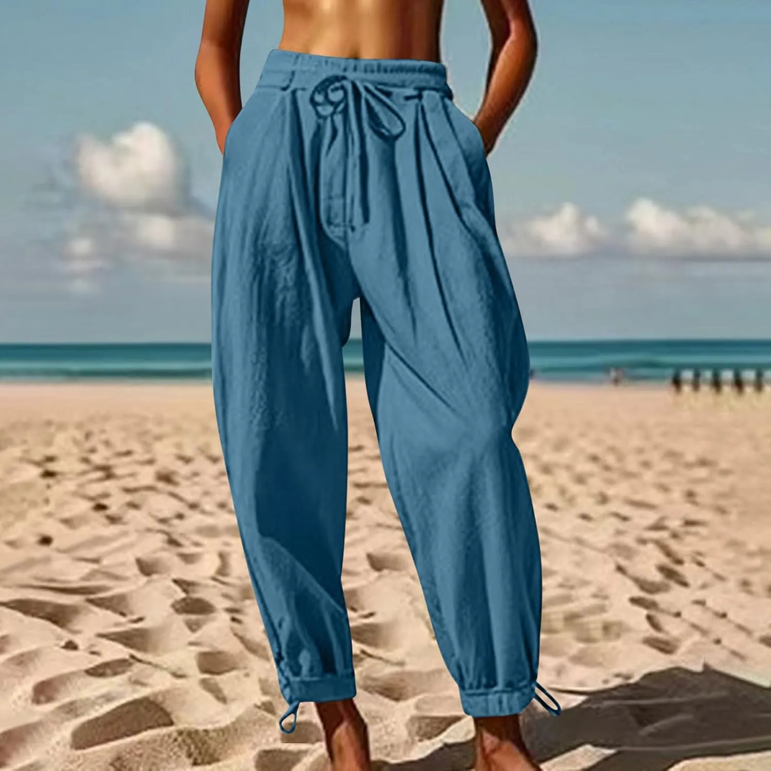Womens Cinch Bottom Cotton Linen Pants Summer Casual Solid High Waist Drawstring Trousers Baggy Trouser with Pockets