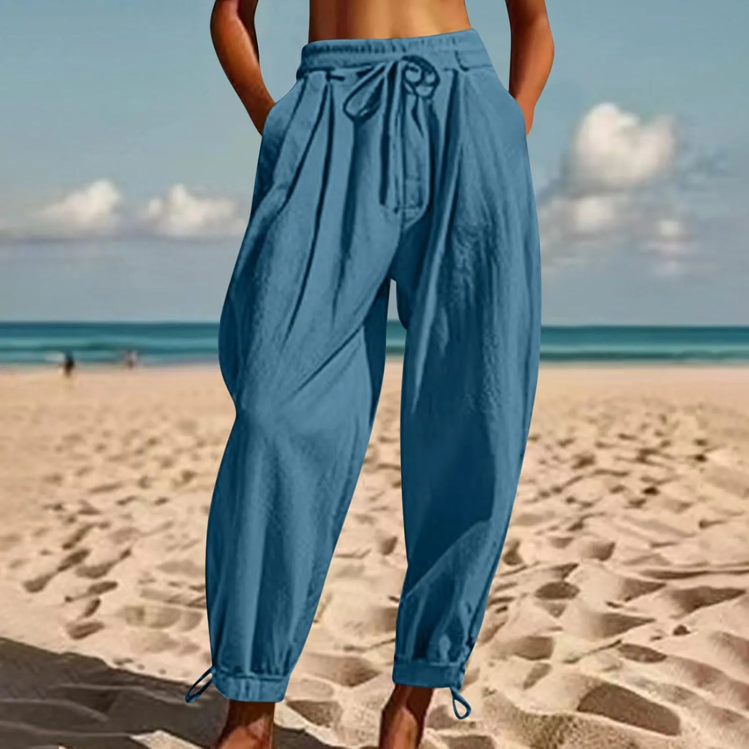 Womens Cinch Bottom Cotton Linen Pants Summer Casual Solid High Waist Drawstring Trousers Baggy Trouser with Pockets