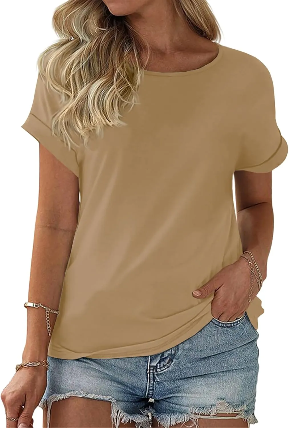 Womens Color Block Short Sleeve Tops Casual Summer T-Shirt