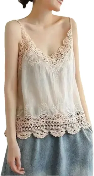Women's Cotton and Linen Camisole lace Vest top Summer Casual Short Vest