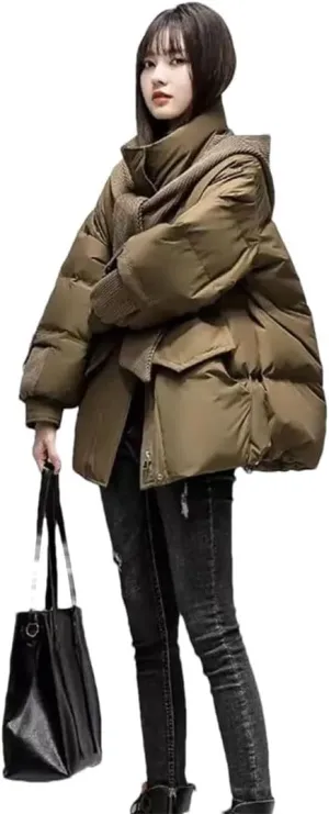 Womens Cotton Coat Winter Puffer Parkas Warm Hooded Down Cotton Jacket Loose Cotton-Padded Outwear