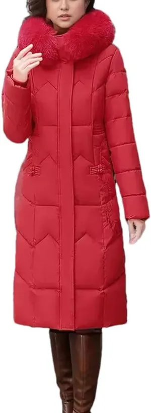 Women's Cotton Jacket Winter Long Thicken Fur Collor Parka Coats Hooded Slimming Padded Jacket