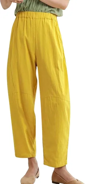 Womens Cotton Linen Harem Pants Solid Color Wide Leg Elastic Waist Casual Loose Cropped Trousers Summer Outdoor Hiking Pants