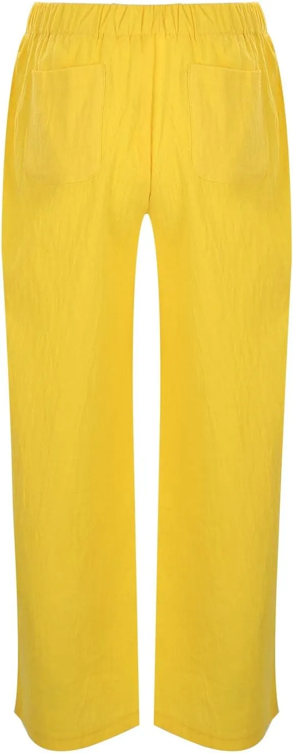 Womens Cotton Linen Harem Pants Solid Color Wide Leg Elastic Waist Casual Loose Cropped Trousers Summer Outdoor Hiking Pants
