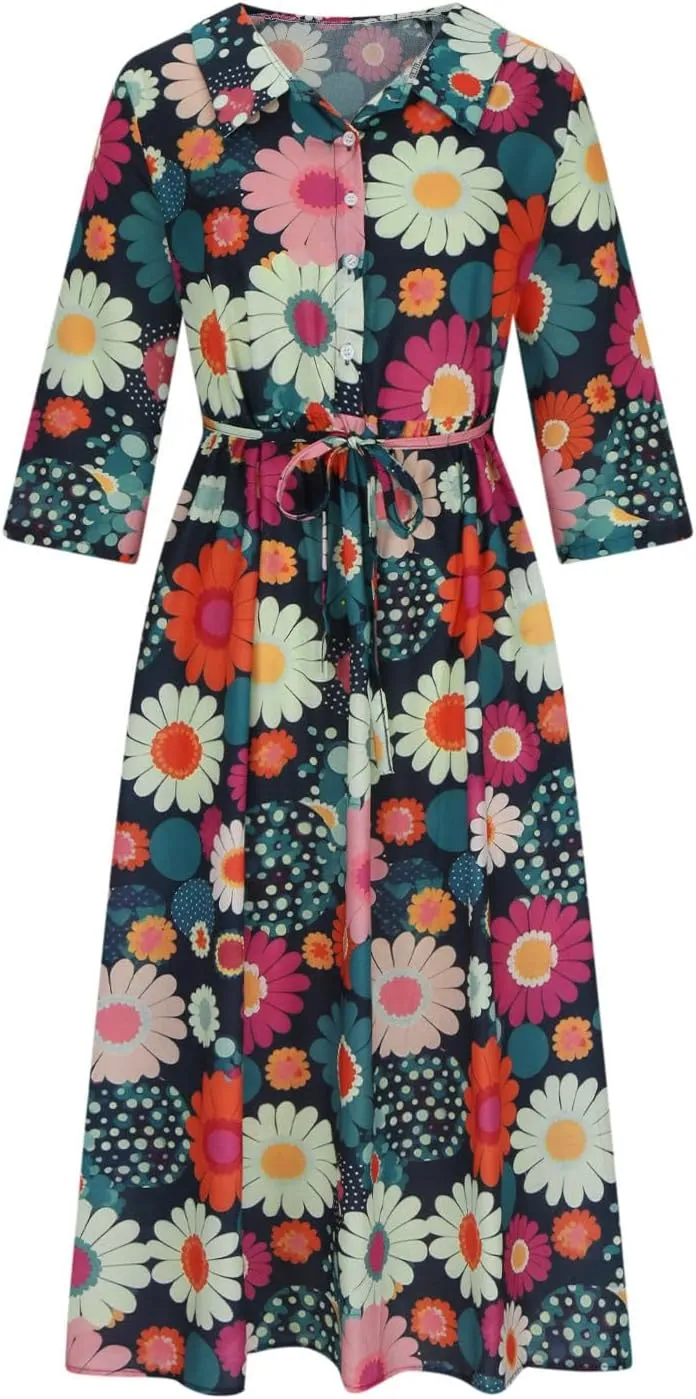 Women's Cotton Linen Midi Dress Plus Size 3/4 Sleeve Pleated Summer Dresses Vacation 2025 Crew Neck Casual Dress