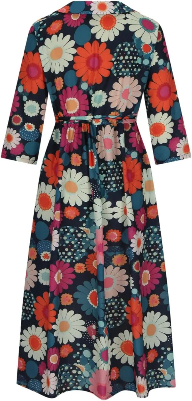 Women's Cotton Linen Midi Dress Plus Size 3/4 Sleeve Pleated Summer Dresses Vacation 2025 Crew Neck Casual Dress