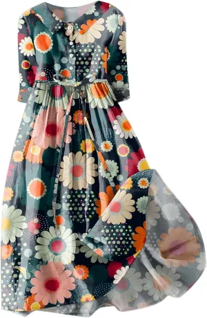 Women's Cotton Linen Midi Dress Plus Size 3/4 Sleeve Pleated Summer Dresses Vacation 2025 Crew Neck Casual Dress