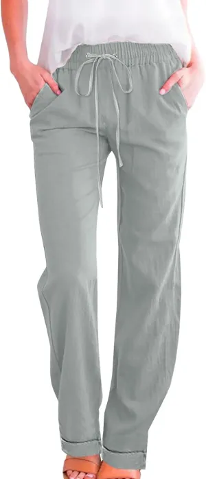 Womens Cotton Linen Palazzo Pants Drawstring Elastic Waist Casual Wide Leg Trousers with Pockets