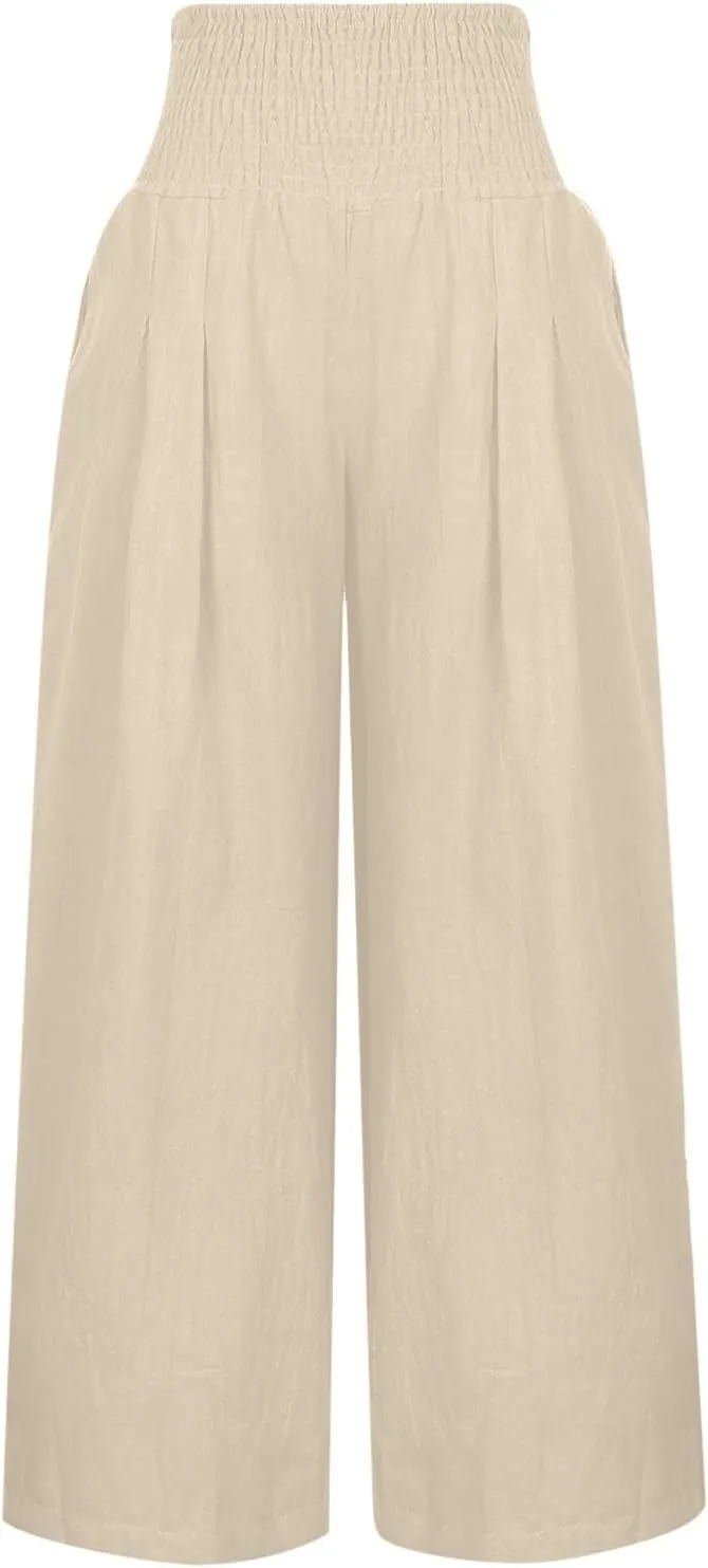 Womens Cotton Linen Palazzo Pants Drawstring Elastic Waist Pants Lounge Pants Casual Wide Leg Trousers with Pockets