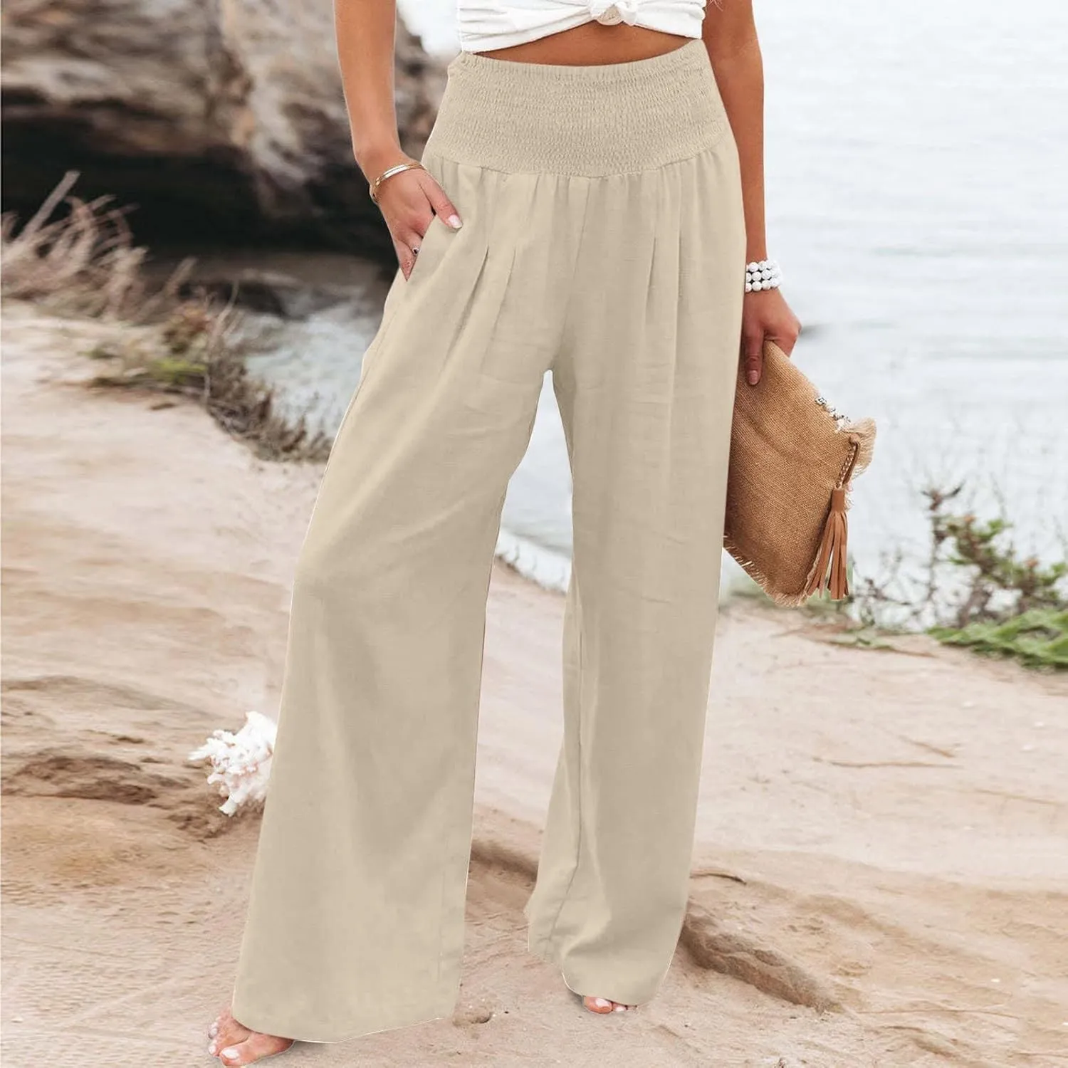 Womens Cotton Linen Palazzo Pants Drawstring Elastic Waist Pants Lounge Pants Casual Wide Leg Trousers with Pockets