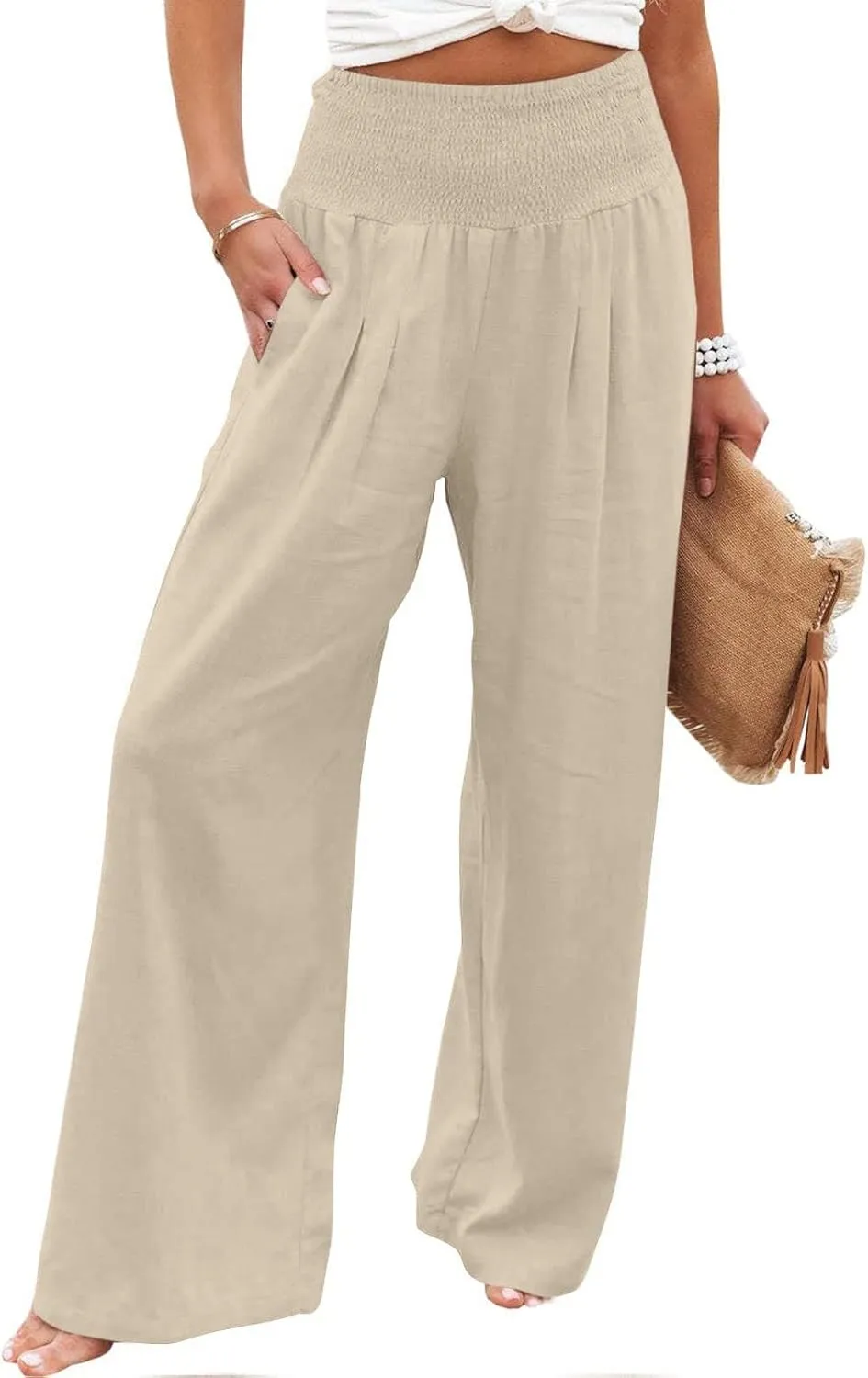 Womens Cotton Linen Palazzo Pants Drawstring Elastic Waist Pants Lounge Pants Casual Wide Leg Trousers with Pockets