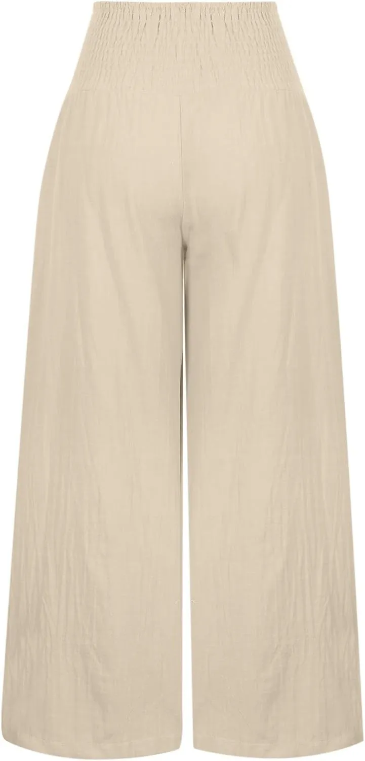 Womens Cotton Linen Palazzo Pants Drawstring Elastic Waist Pants Lounge Pants Casual Wide Leg Trousers with Pockets