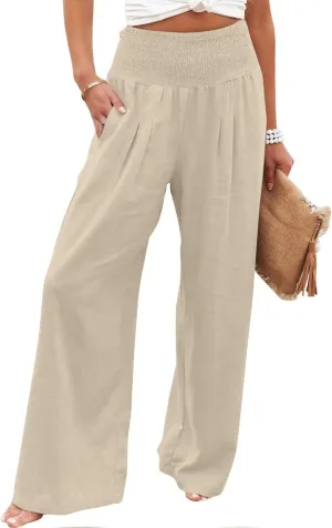 Womens Cotton Linen Palazzo Pants Drawstring Elastic Waist Pants Lounge Pants Casual Wide Leg Trousers with Pockets