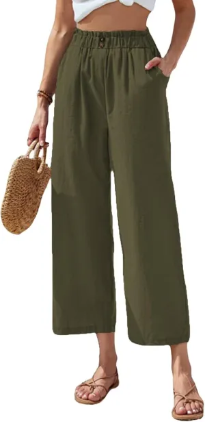 Womens Cotton Linen Palazzo Pants Elastic Waist Casual Wide Leg Trousers Cropped Linen Pants Women Summer with Pocket