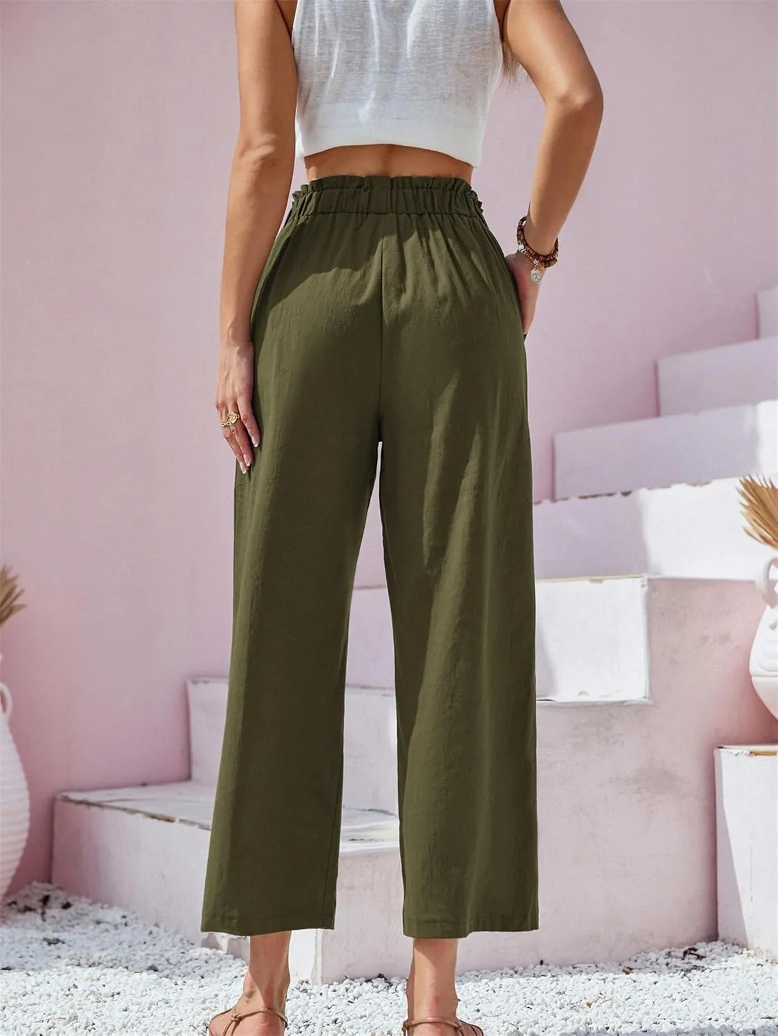 Womens Cotton Linen Palazzo Pants Elastic Waist Casual Wide Leg Trousers Cropped Linen Pants Women Summer with Pocket