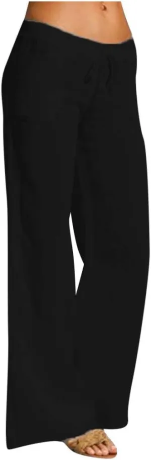 Womens Cotton Linen Palazzo Pants Summer Lightweight Drawstring Elastic Waist Casual Wide Leg Trousers with Pockets