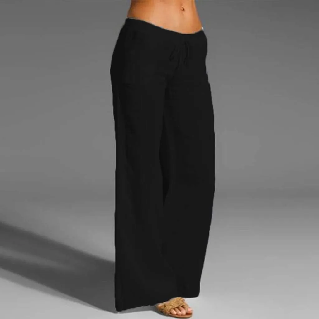 Womens Cotton Linen Palazzo Pants Summer Lightweight Drawstring Elastic Waist Casual Wide Leg Trousers with Pockets