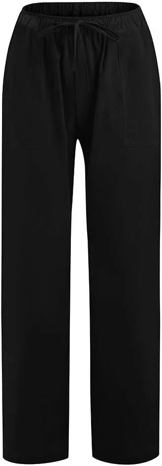 Womens Cotton Linen Palazzo Pants Summer Lightweight Drawstring Elastic Waist Casual Wide Leg Trousers with Pockets
