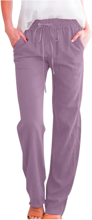 Women's Cotton Linen Pants 2025 Summer Wide Leg Casual Loose Pants Drawstring High Waist Trousers with Pockets