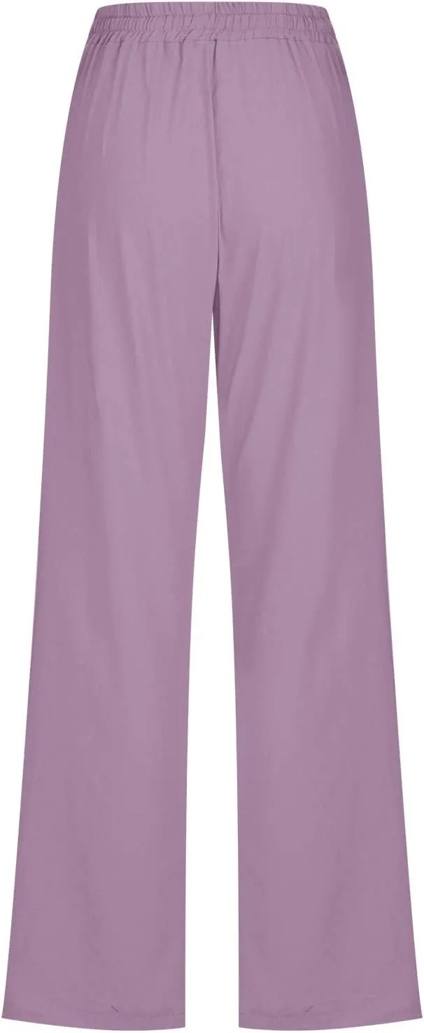 Women's Cotton Linen Pants 2025 Summer Wide Leg Casual Loose Pants Drawstring High Waist Trousers with Pockets