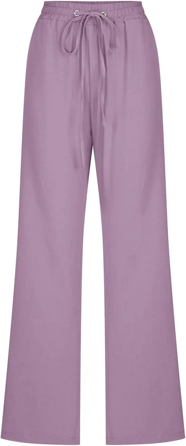 Women's Cotton Linen Pants 2025 Summer Wide Leg Casual Loose Pants Drawstring High Waist Trousers with Pockets
