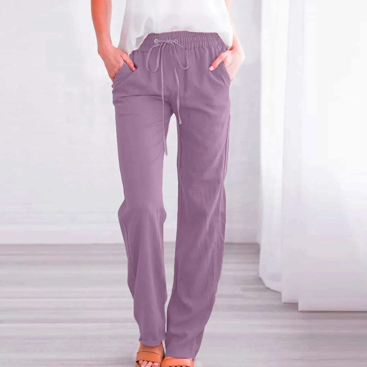 Women's Cotton Linen Pants 2025 Summer Wide Leg Casual Loose Pants Drawstring High Waist Trousers with Pockets