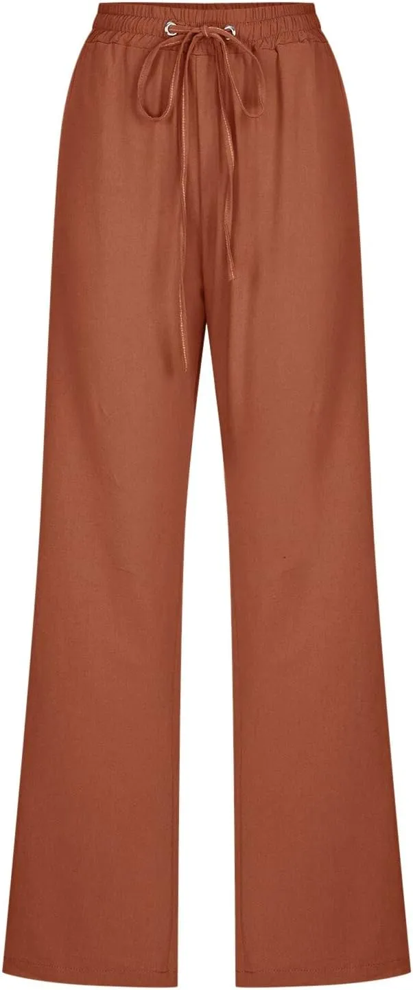 Womens Cotton Linen Pants Casual Lightweight Summer Relax Fit Elastic Waist Plus Size Solid Lounge Long Trousers