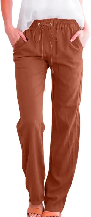 Womens Cotton Linen Pants Casual Lightweight Summer Relax Fit Elastic Waist Plus Size Solid Lounge Long Trousers