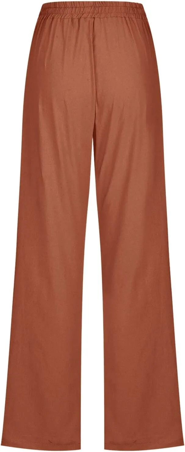 Womens Cotton Linen Pants Casual Lightweight Summer Relax Fit Elastic Waist Plus Size Solid Lounge Long Trousers