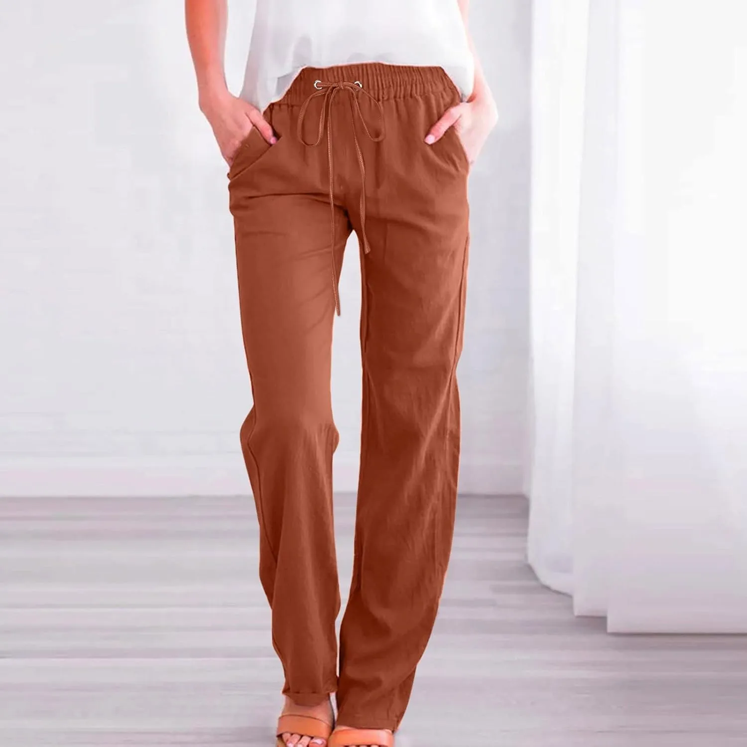 Womens Cotton Linen Pants Casual Lightweight Summer Relax Fit Elastic Waist Plus Size Solid Lounge Long Trousers
