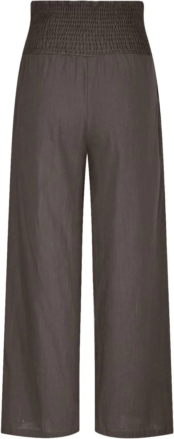 Women's Cotton Linen Pants Elastic High Waisted Pants Casual Wide Leg Trousers Summer Work Smocked Pants with Pockets
