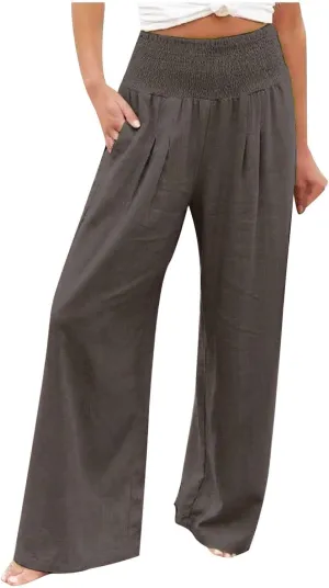 Women's Cotton Linen Pants Elastic High Waisted Pants Casual Wide Leg Trousers Summer Work Smocked Pants with Pockets