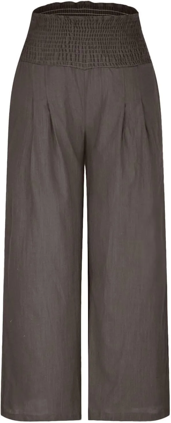 Women's Cotton Linen Pants Elastic High Waisted Pants Casual Wide Leg Trousers Summer Work Smocked Pants with Pockets