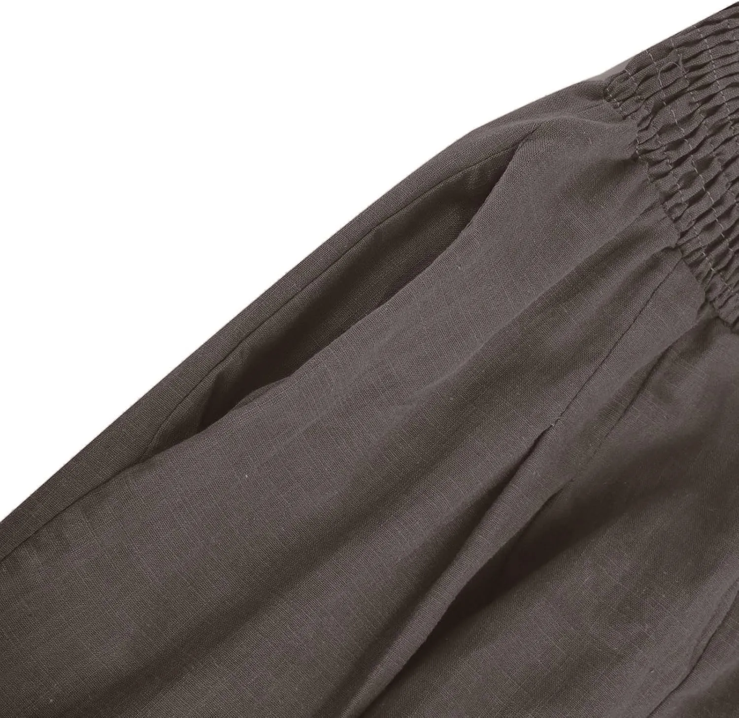 Women's Cotton Linen Pants Elastic High Waisted Pants Casual Wide Leg Trousers Summer Work Smocked Pants with Pockets