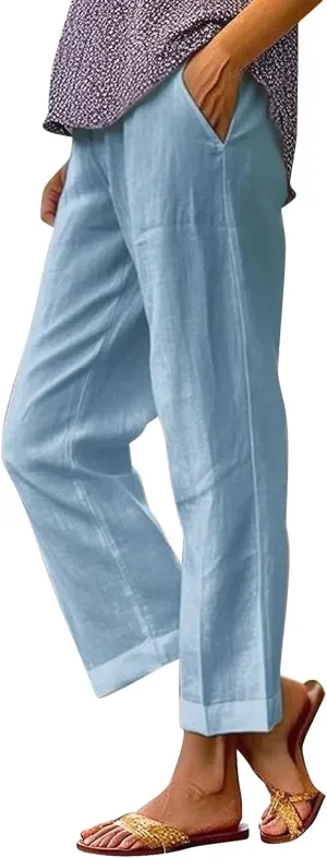 Women's Cotton Linen Pants Straight Elastic Pants Loose Elastic High Waisted Wide Leg Beach Trousers with Pockets