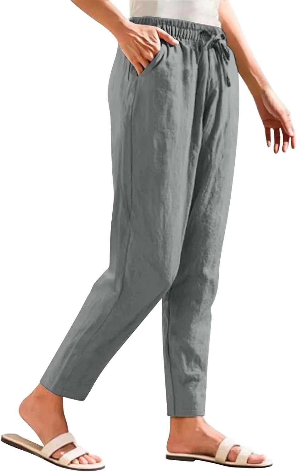 Women's Cotton Linen Pants Straight Leg Elastic Drawstring Trousers Casual 2025 Summer Beach Lounge Pant