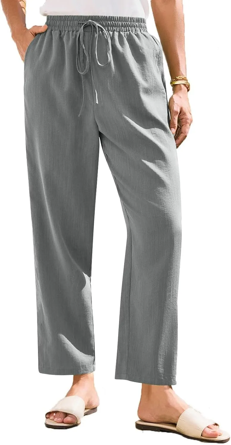 Women's Cotton Linen Pants Straight Leg Elastic Drawstring Trousers Casual 2025 Summer Beach Lounge Pant