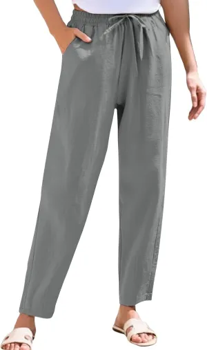 Women's Cotton Linen Pants Straight Leg Elastic Drawstring Trousers Casual 2025 Summer Beach Lounge Pant