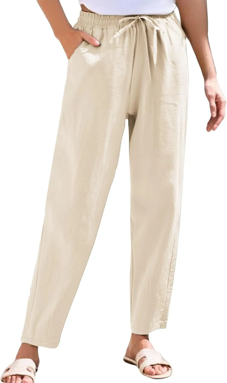 Womens Cotton Linen Pants with Pockets Straight Leg Drawstring Elastic Waisted Lounge Summer Pants Beach Trousers