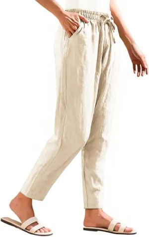 Womens Cotton Linen Pants with Pockets Straight Leg Drawstring Elastic Waisted Lounge Summer Pants Beach Trousers