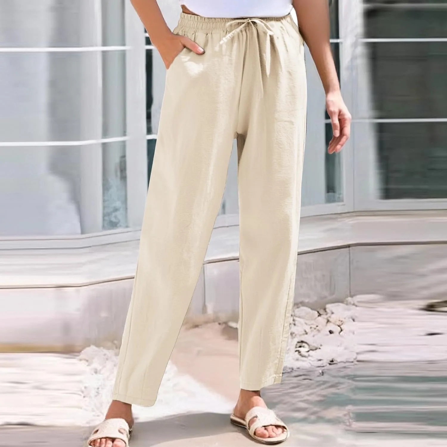 Womens Cotton Linen Pants with Pockets Straight Leg Drawstring Elastic Waisted Lounge Summer Pants Beach Trousers