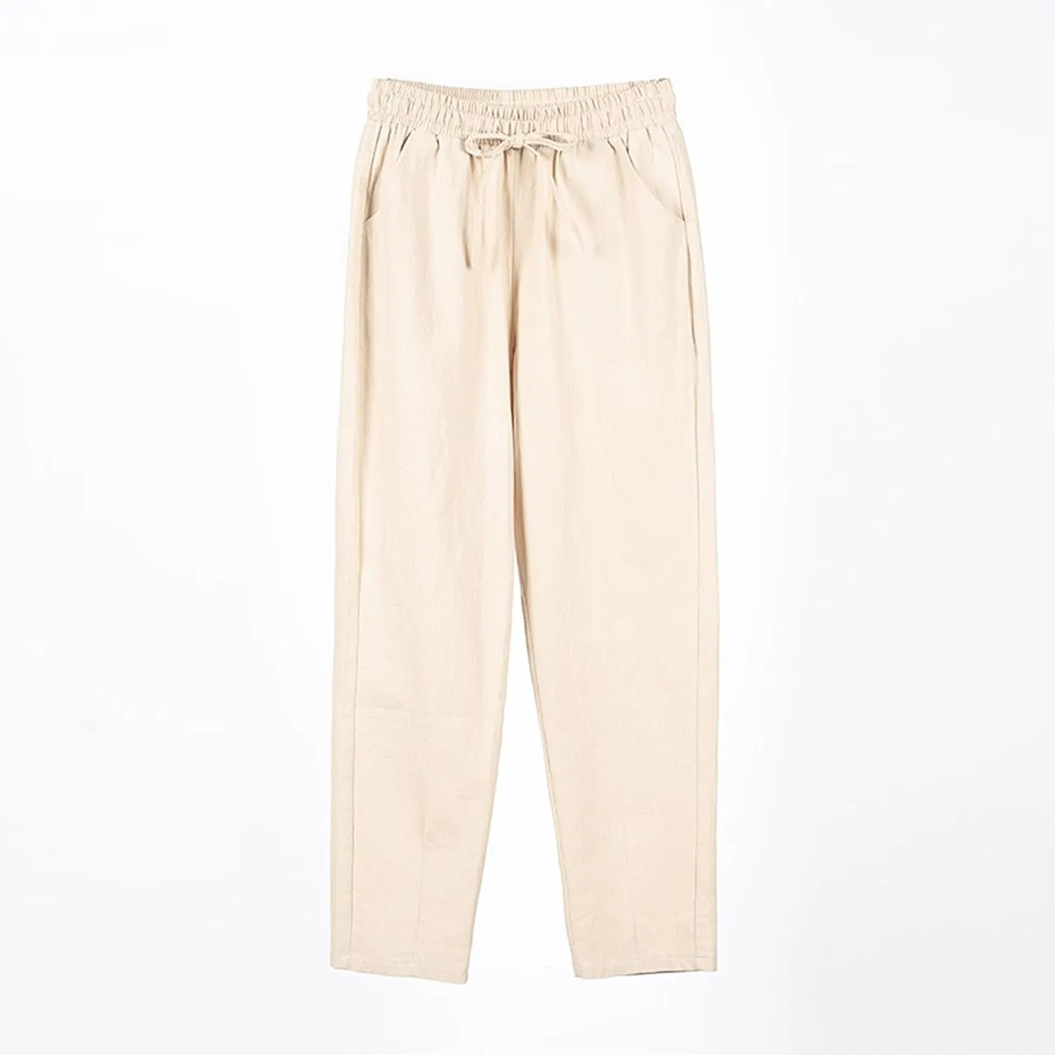 Womens Cotton Linen Pants with Pockets Straight Leg Drawstring Elastic Waisted Lounge Summer Pants Beach Trousers