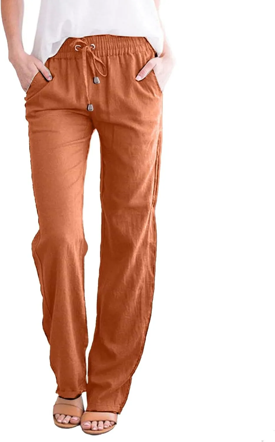 Women's Cotton Linen Straight Leg Pants Elastic Drawstring Casual Trousers with Pockets Summer Beach Lounge Pants