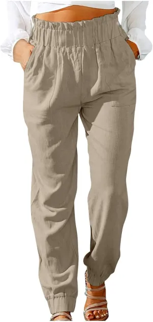 Women's Cotton Linen Tapered Leg Pants Elastic Drawstring Casual Trousers Summer Beach Lounge Cargo Pants with Pockets