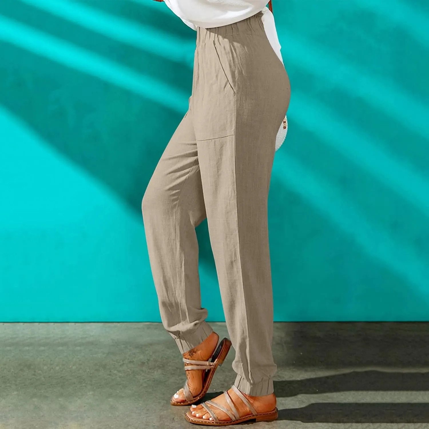 Women's Cotton Linen Tapered Leg Pants Elastic Drawstring Casual Trousers Summer Beach Lounge Cargo Pants with Pockets