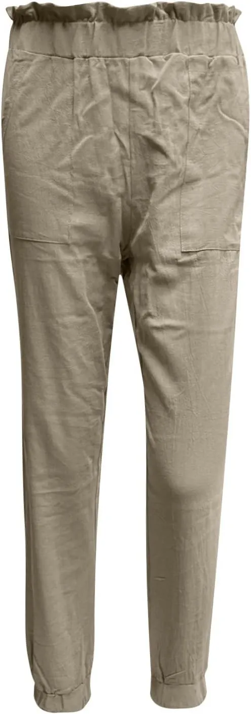 Women's Cotton Linen Tapered Leg Pants Elastic Drawstring Casual Trousers Summer Beach Lounge Cargo Pants with Pockets