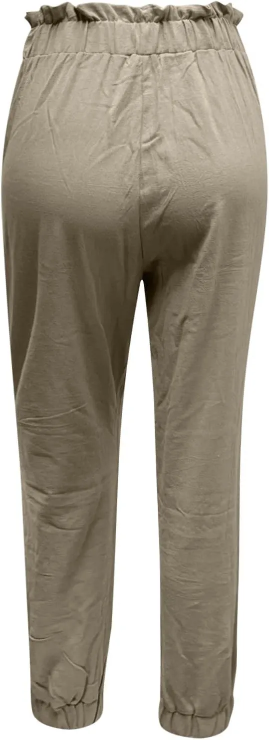 Women's Cotton Linen Tapered Leg Pants Elastic Drawstring Casual Trousers Summer Beach Lounge Cargo Pants with Pockets