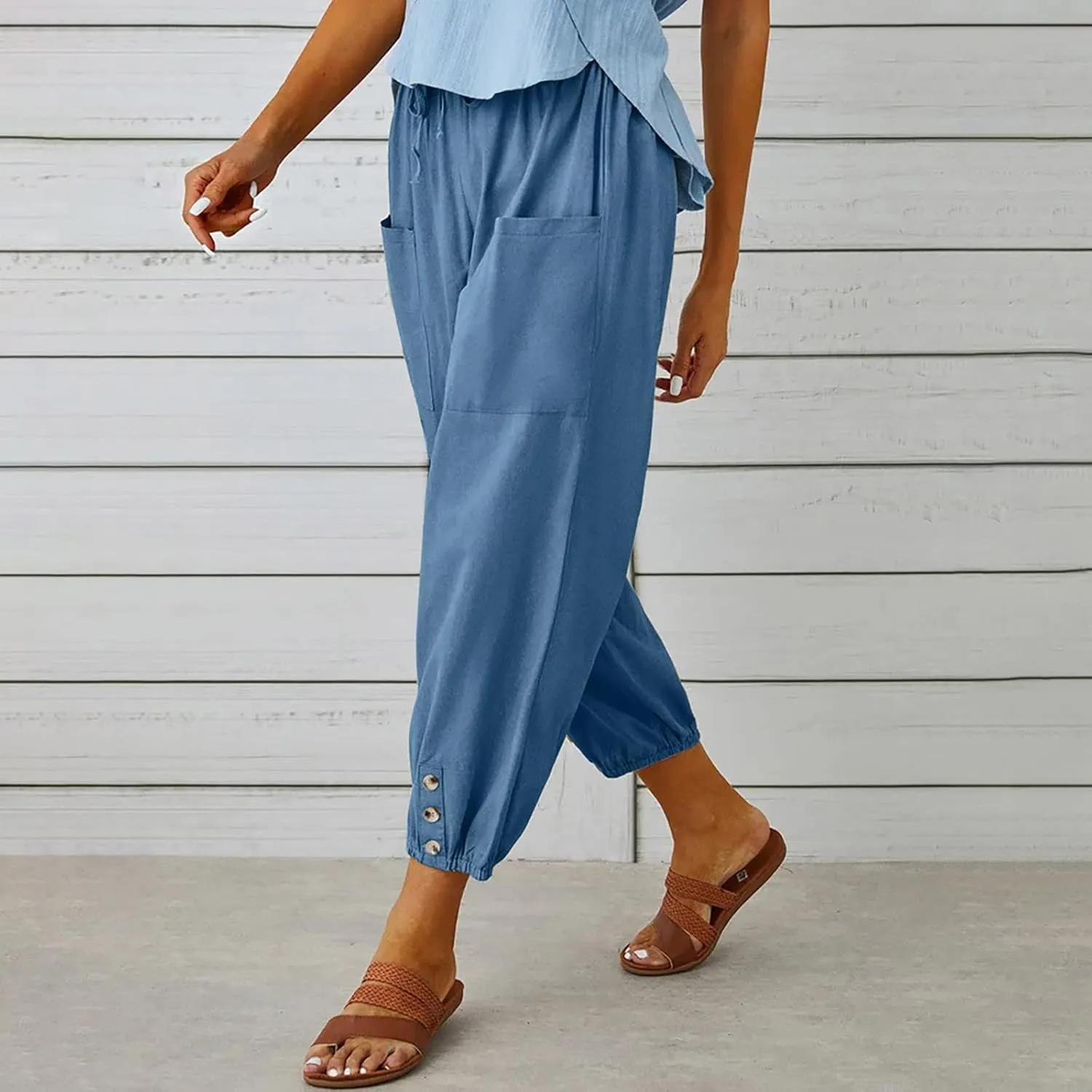 Women's Cotton Pants Trendy Drawstring Bottom Button Jogger Pant Summer Beach Gaucho Trousers Casual Comfy Outfits