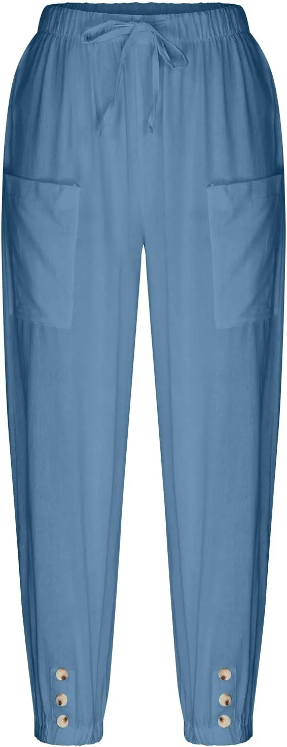 Women's Cotton Pants Trendy Drawstring Bottom Button Jogger Pant Summer Beach Gaucho Trousers Casual Comfy Outfits
