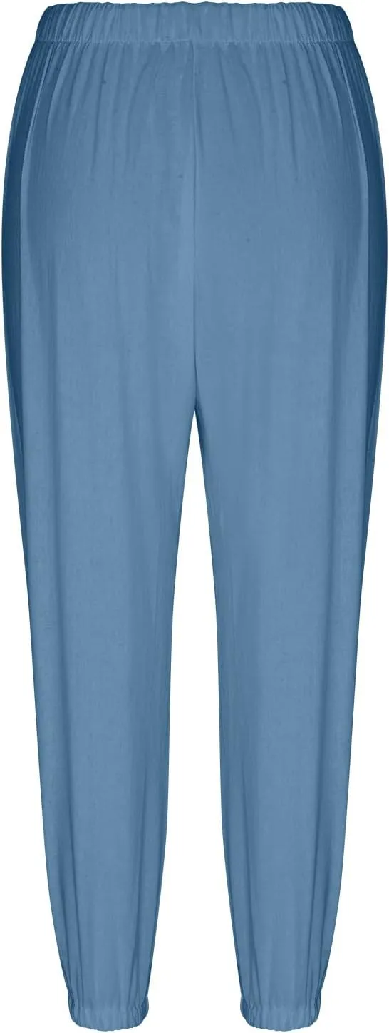 Women's Cotton Pants Trendy Drawstring Bottom Button Jogger Pant Summer Beach Gaucho Trousers Casual Comfy Outfits
